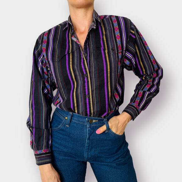 90s Wrangler purple and black Striped Button‎ Front Top - Picture 1 of 7